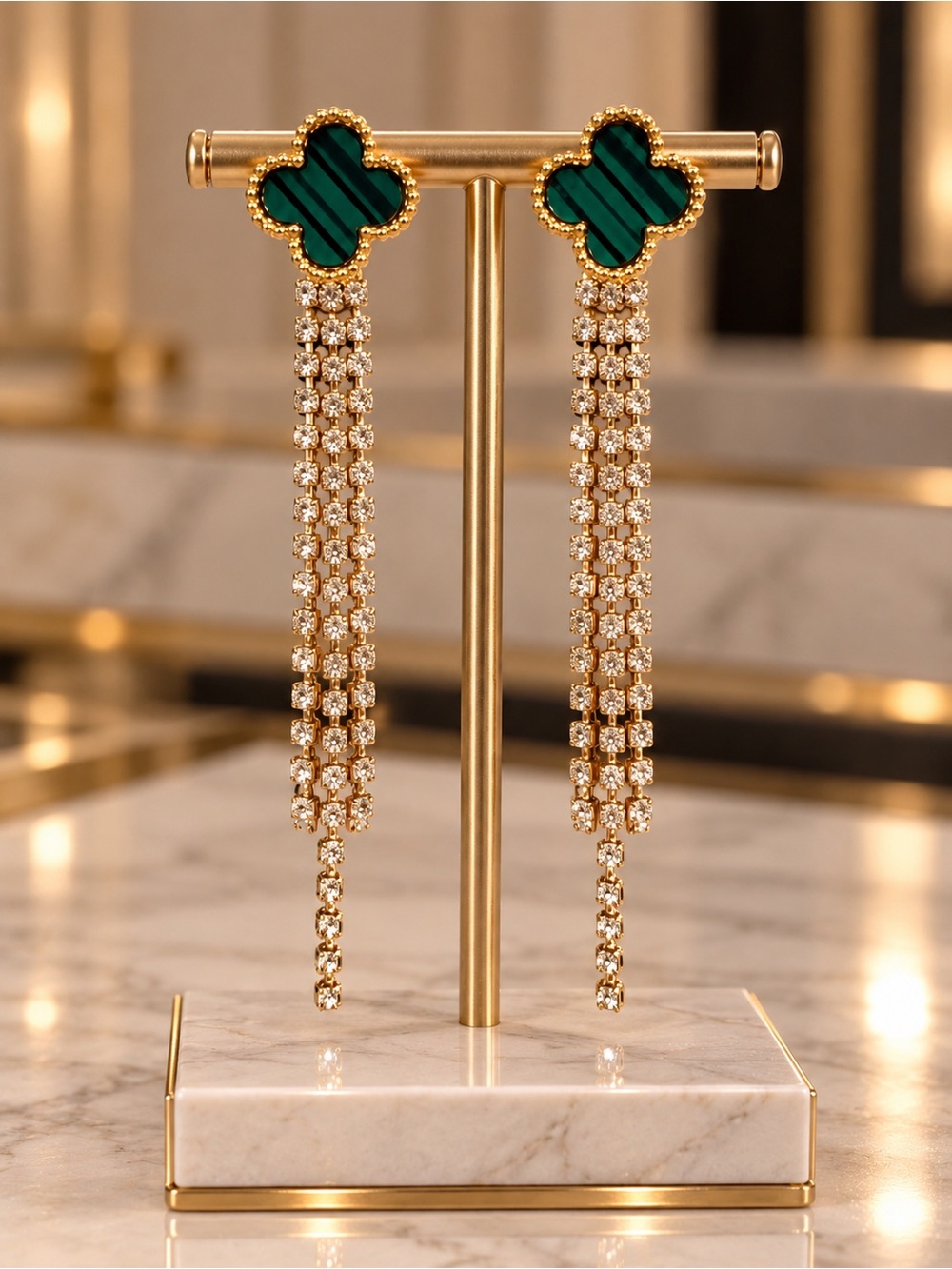 Gold & Green Tassel Drop Earrings